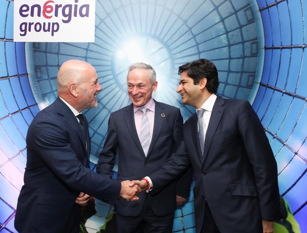 Group CEO Ian Thom, Minister Richard Bruton and Dr Gautam Bhandari at Energia HQ 